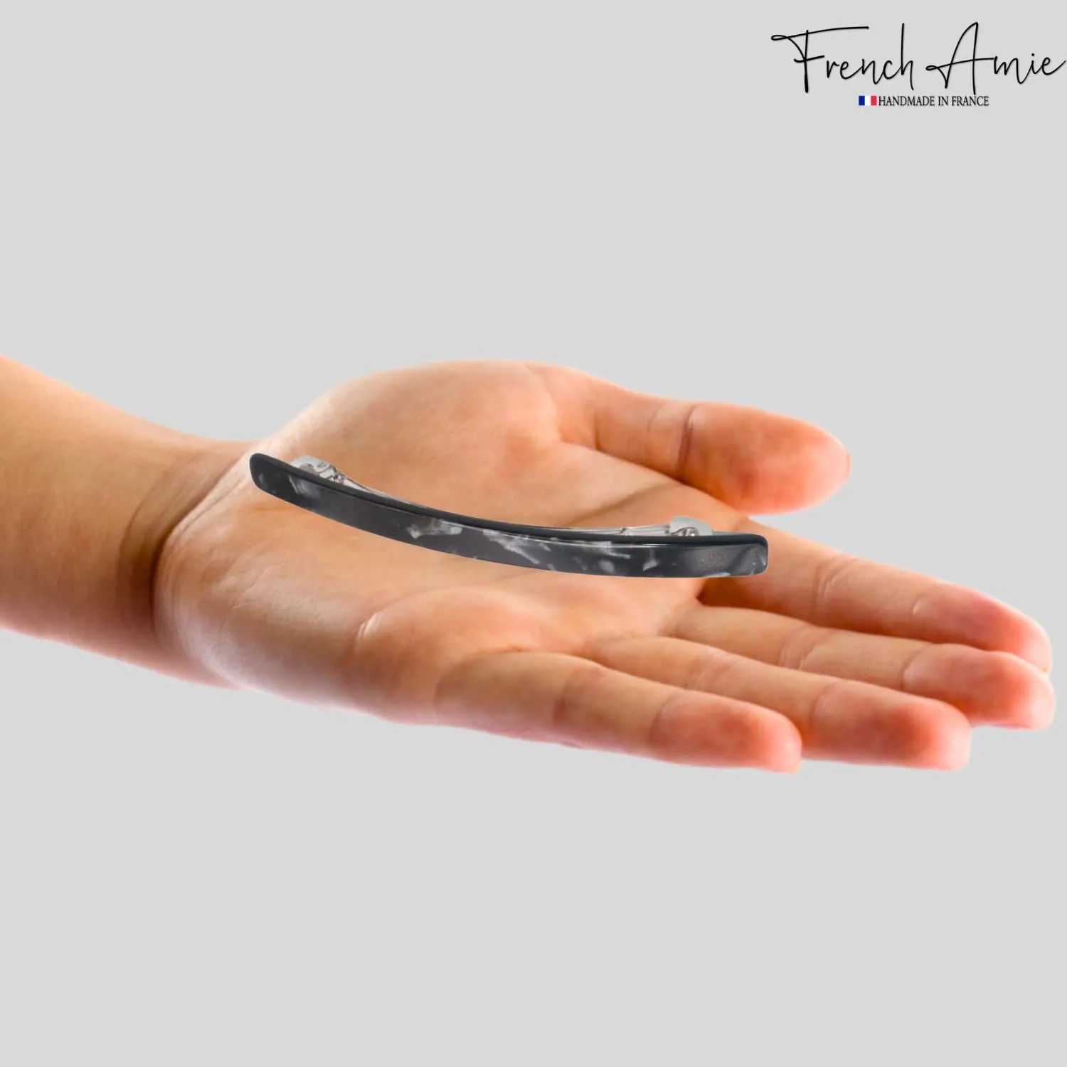 French Amie Long and Thin Large 4" Celluloid Handmade No Slip Durable Hair Barrette Clip for Women, Made in France (Black Nycra)