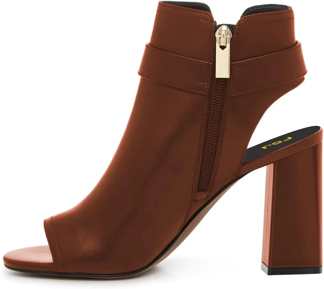 FSJ Women Peep Open Toe Ankle Booties Block Heel Metal Buckle High Heel Sandals Cutout Ankle Strap Zipper Cocktail Nightclub Pumps Shoes Size 4-16 US