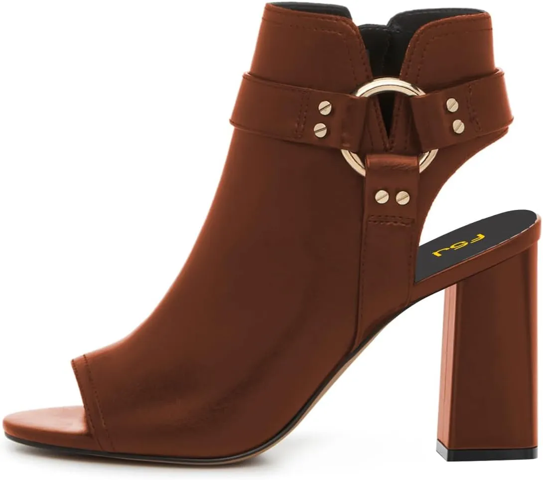 FSJ Women Peep Open Toe Ankle Booties Block Heel Metal Buckle High Heel Sandals Cutout Ankle Strap Zipper Cocktail Nightclub Pumps Shoes Size 4-16 US