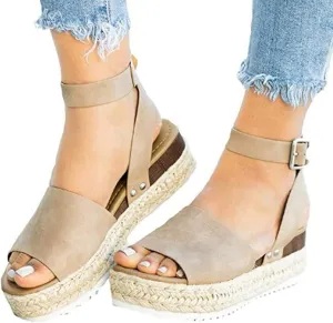 Fululuer Toe Studded Women's Buckle Ankle Rubber Sole Sandals Casual Open Strap Wedge Women's Sandals Sandals with Arch Support for Women Pretty (F-Khaki, 7)