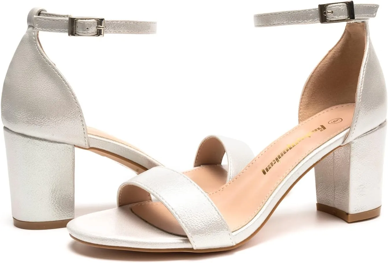 FUNKYMONKEY Women's Chunky High Heels Sandals,Two Strap Open Toe Ankle Strap Heeled Sandal,Party Wedding Strappy Buckle Sandals