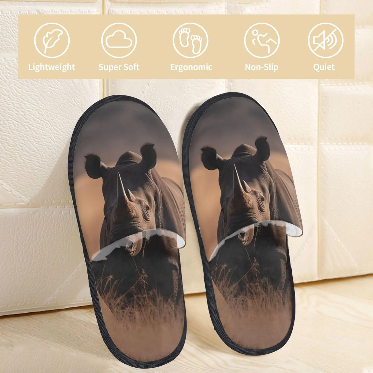 Furry Slippers for Men Women Non-slip Slides Memory Foam Slippers Big Rhino in the Wilderness Slippers Warm Comfy Plush Shoes Winter House Shoes for Indoor Outdoor