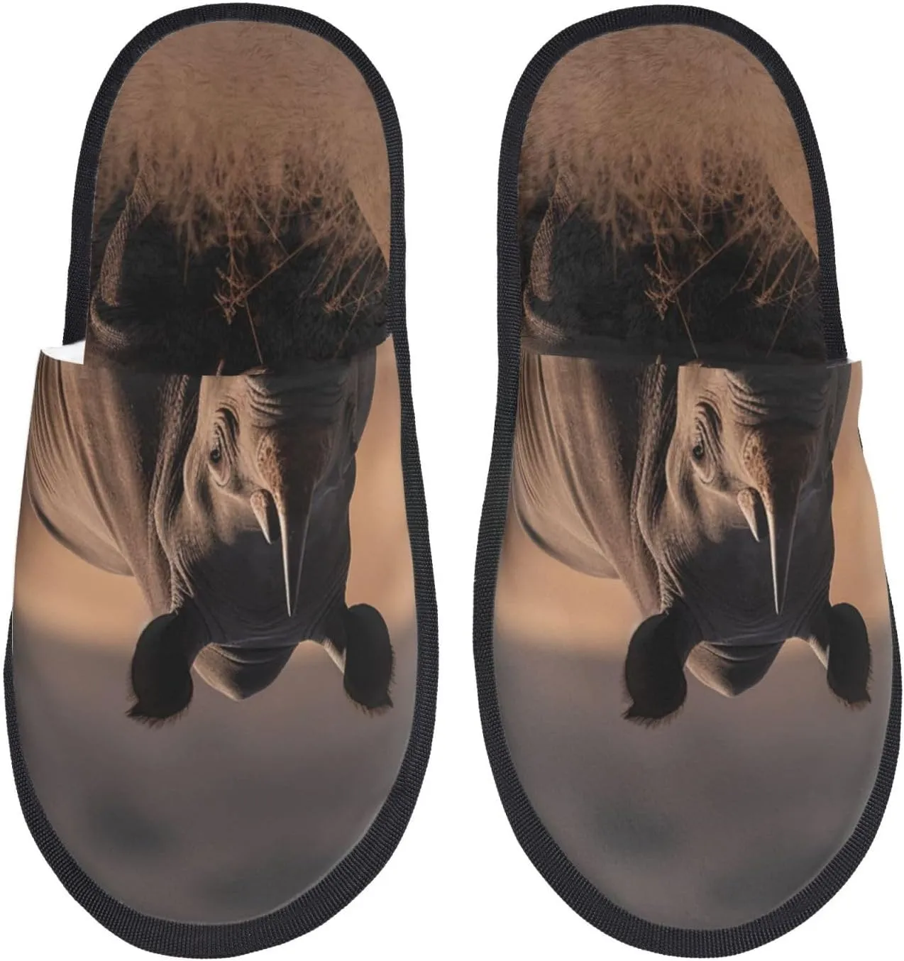 Furry Slippers for Men Women Non-slip Slides Memory Foam Slippers Big Rhino in the Wilderness Slippers Warm Comfy Plush Shoes Winter House Shoes for Indoor Outdoor