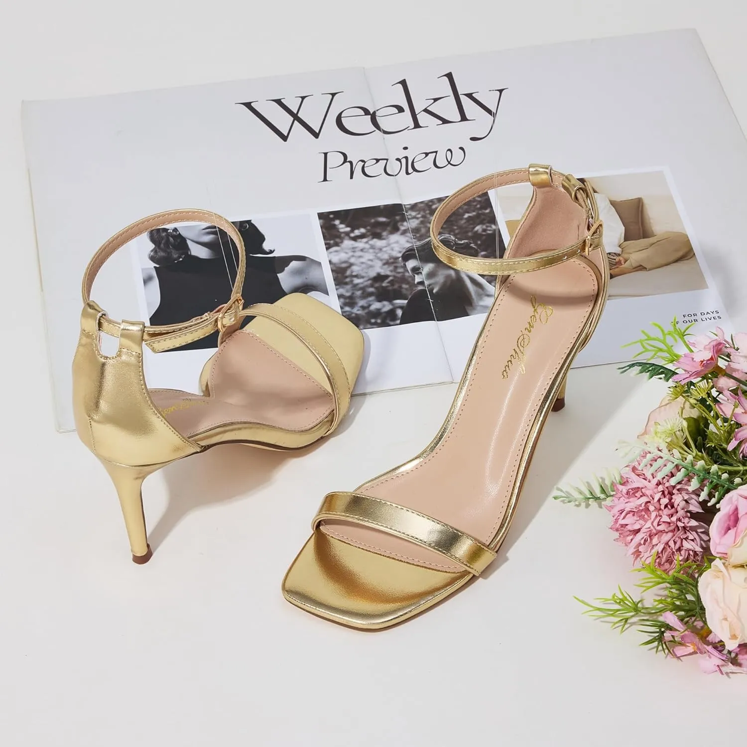 GENSHUO Women's Heeled Sandals Dressy Strappy Stiletto High Heels 3 Inch Square Open Toe Ankle Strap Buckle Sexy Prom Wedding Dress Shoes Ankle Wrap