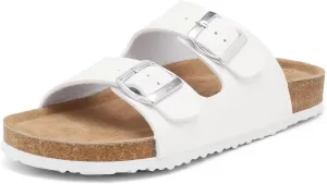Genuine Leather Unisex Cork Footed Flat Slide Sandals with Arch Support, Men and Women’s Double Buckle Memory Foam Slide for Beach Summer Vacation