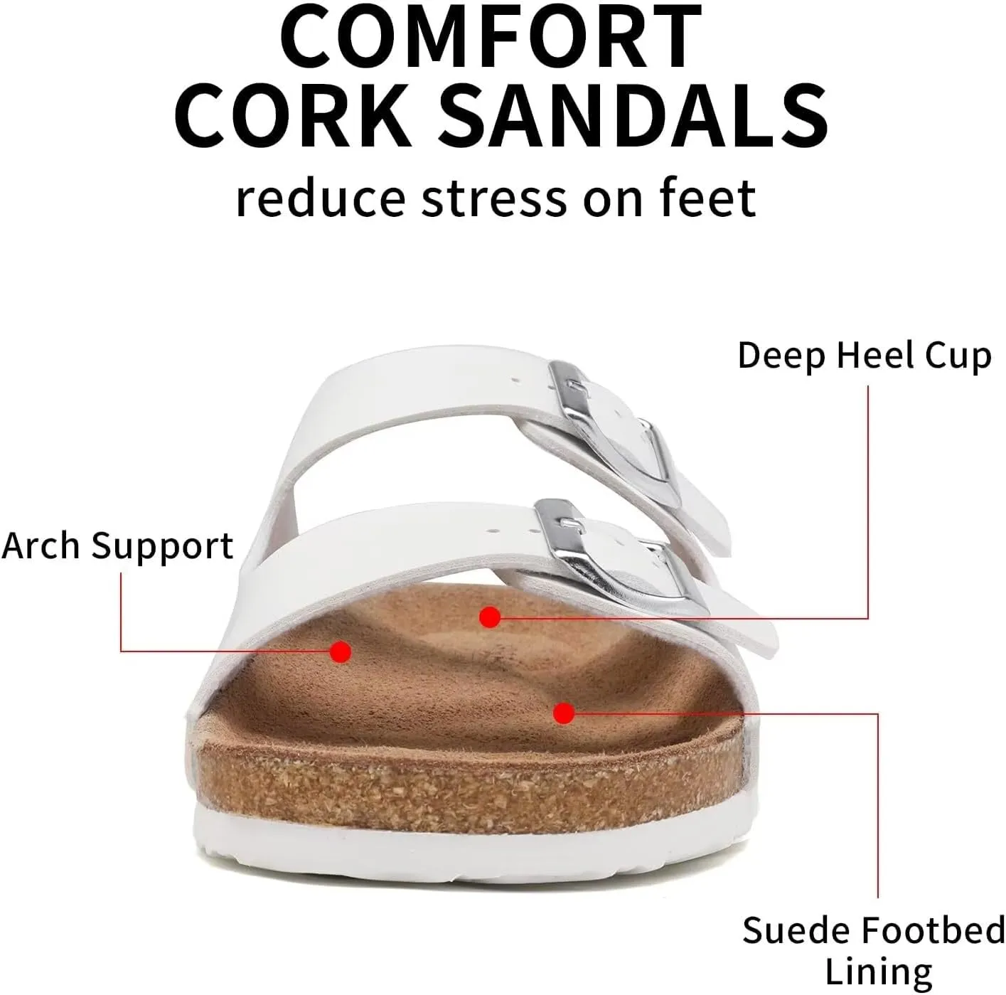 Genuine Leather Unisex Cork Footed Flat Slide Sandals with Arch Support, Men and Women’s Double Buckle Memory Foam Slide for Beach Summer Vacation