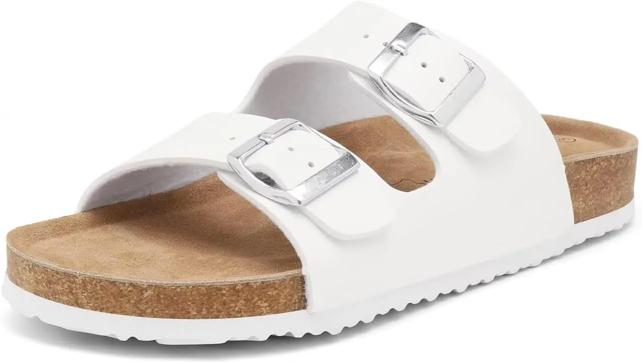 Genuine Leather Unisex Cork Footed Flat Slide Sandals with Arch Support, Men and Women’s Double Buckle Memory Foam Slide for Beach Summer Vacation