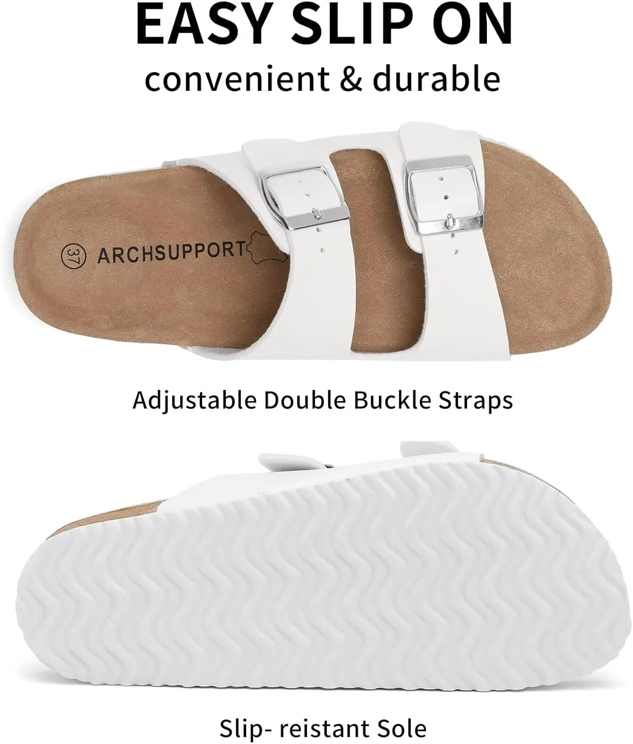 Genuine Leather Unisex Cork Footed Flat Slide Sandals with Arch Support, Men and Women’s Double Buckle Memory Foam Slide for Beach Summer Vacation
