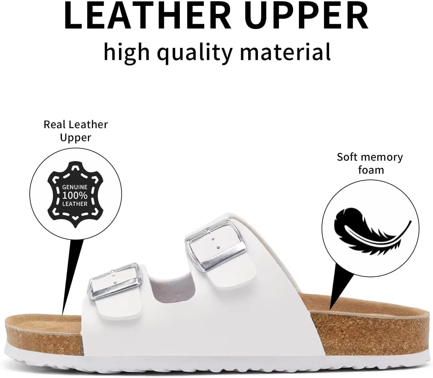 Genuine Leather Unisex Cork Footed Flat Slide Sandals with Arch Support, Men and Women’s Double Buckle Memory Foam Slide for Beach Summer Vacation