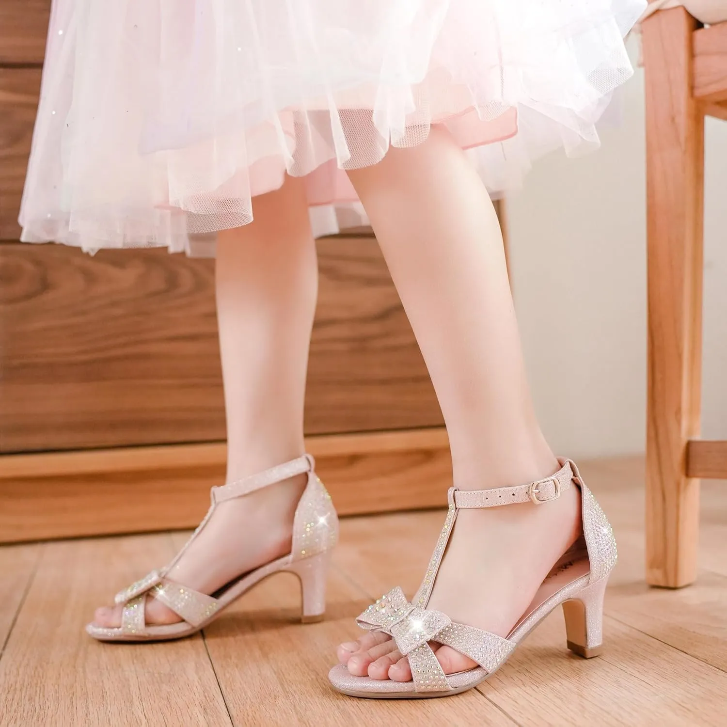 Girls Heel Sandals Dress Pump Open Toe T Strap Rhinestone Sandals Wedding Party Prom Shoes Little Big Kids