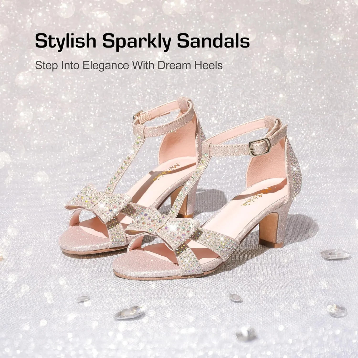 Girls Heel Sandals Dress Pump Open Toe T Strap Rhinestone Sandals Wedding Party Prom Shoes Little Big Kids