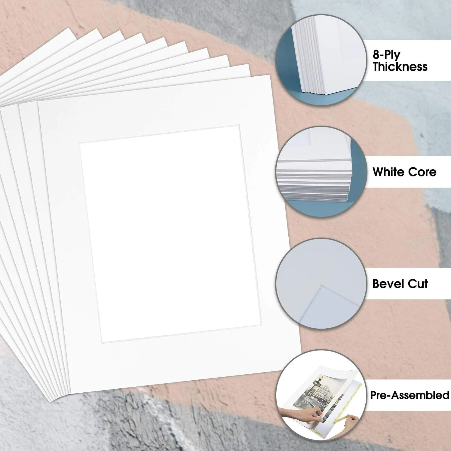 Golden State Art, 10 Pack Pre-Assemble 8x10 Photo Mat Set for 5x7 Picture, with Backing Board, Pre-Pasted Tape, Slip-in Mat, Photo Framing Mattes, Incudes Ctrystal Sleeve Bags (White)