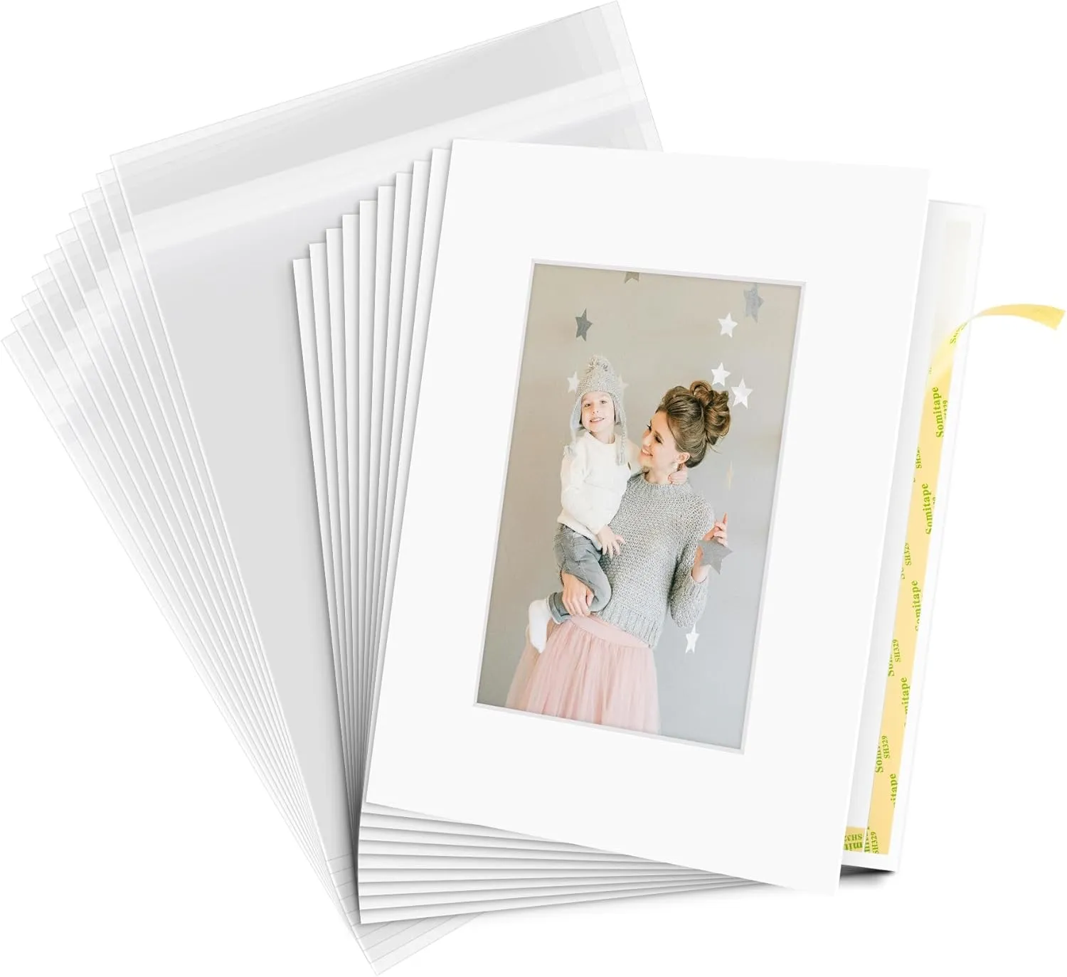 Golden State Art, 10 Pack Pre-Assemble 8x10 Photo Mat Set for 5x7 Picture, with Backing Board, Pre-Pasted Tape, Slip-in Mat, Photo Framing Mattes, Incudes Ctrystal Sleeve Bags (White)
