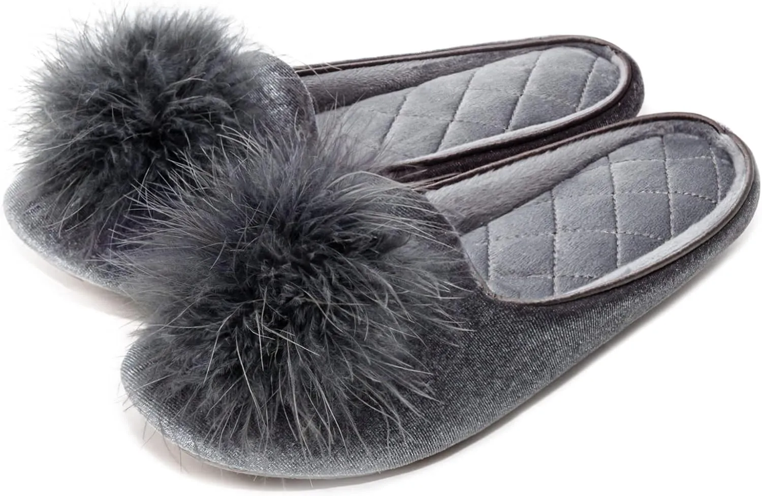 GRITHEIM Women's Fuzzy Pom Pom Velvet Memory Foam House Slippers Ladies Cozy Chenille Knit Bedroom Slippers Non-slip Sole Indoor Outdoor