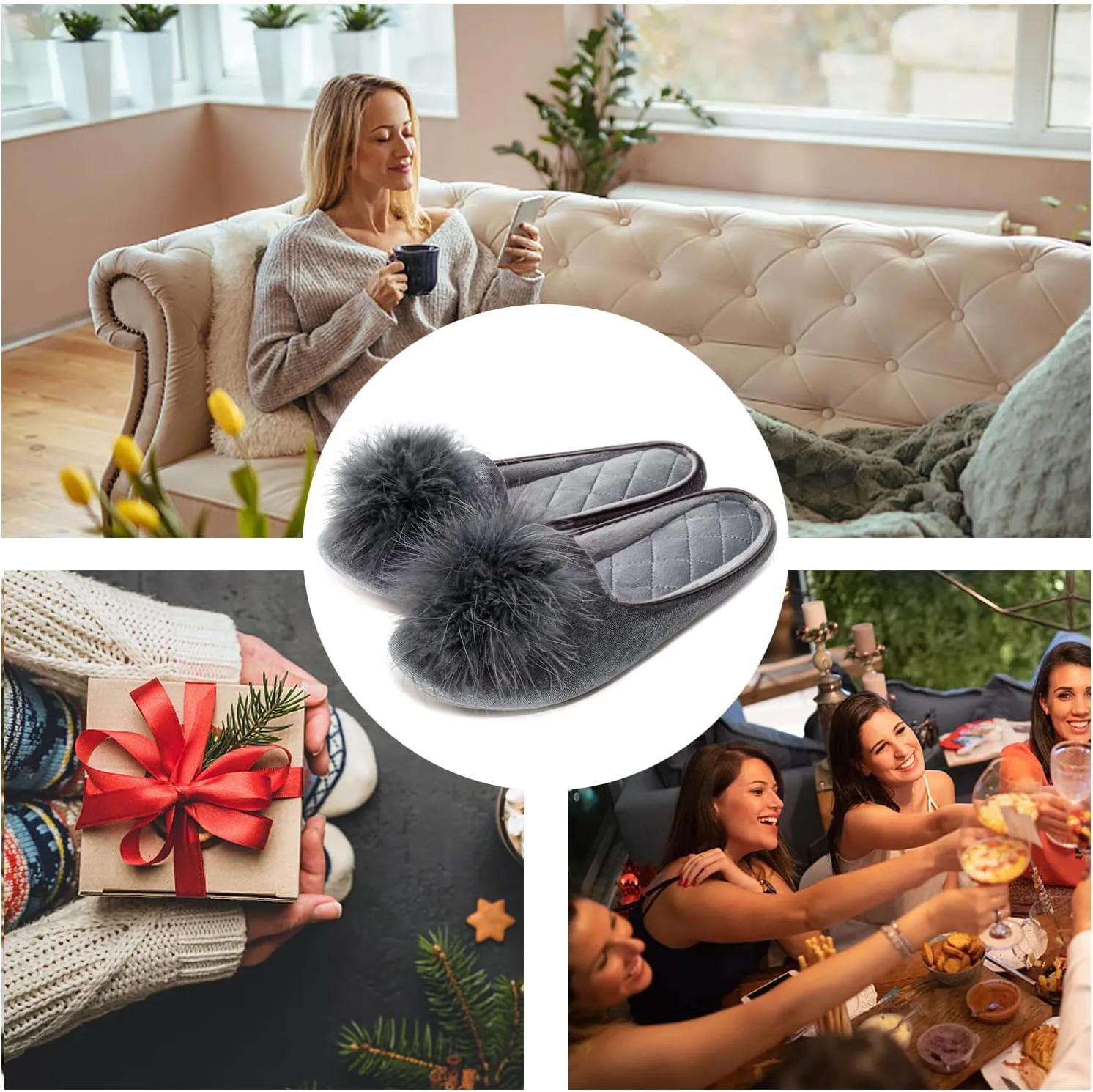 GRITHEIM Women's Fuzzy Pom Pom Velvet Memory Foam House Slippers Ladies Cozy Chenille Knit Bedroom Slippers Non-slip Sole Indoor Outdoor