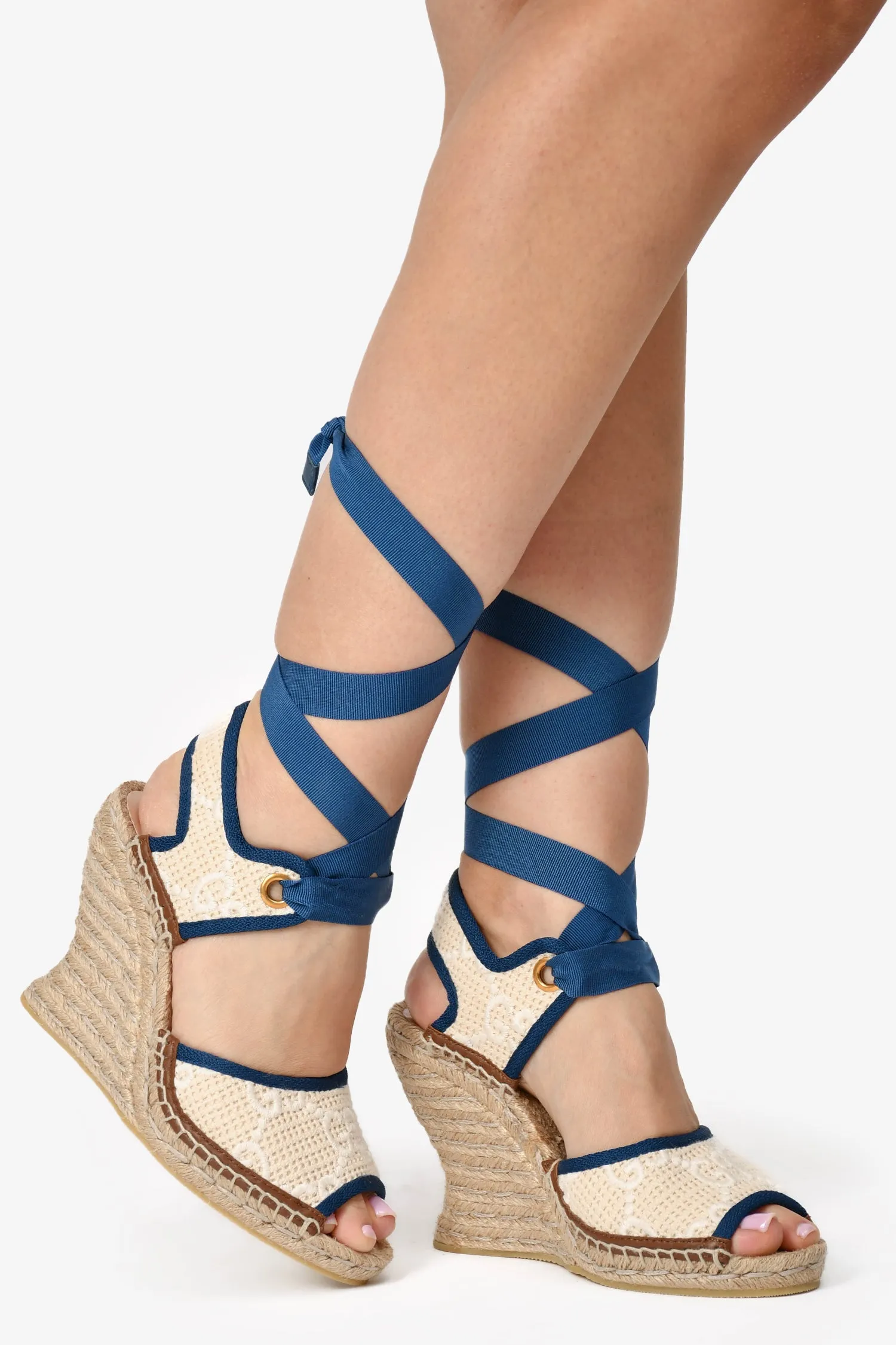 Gucci Cream/Navy Espadrille Wedges 37