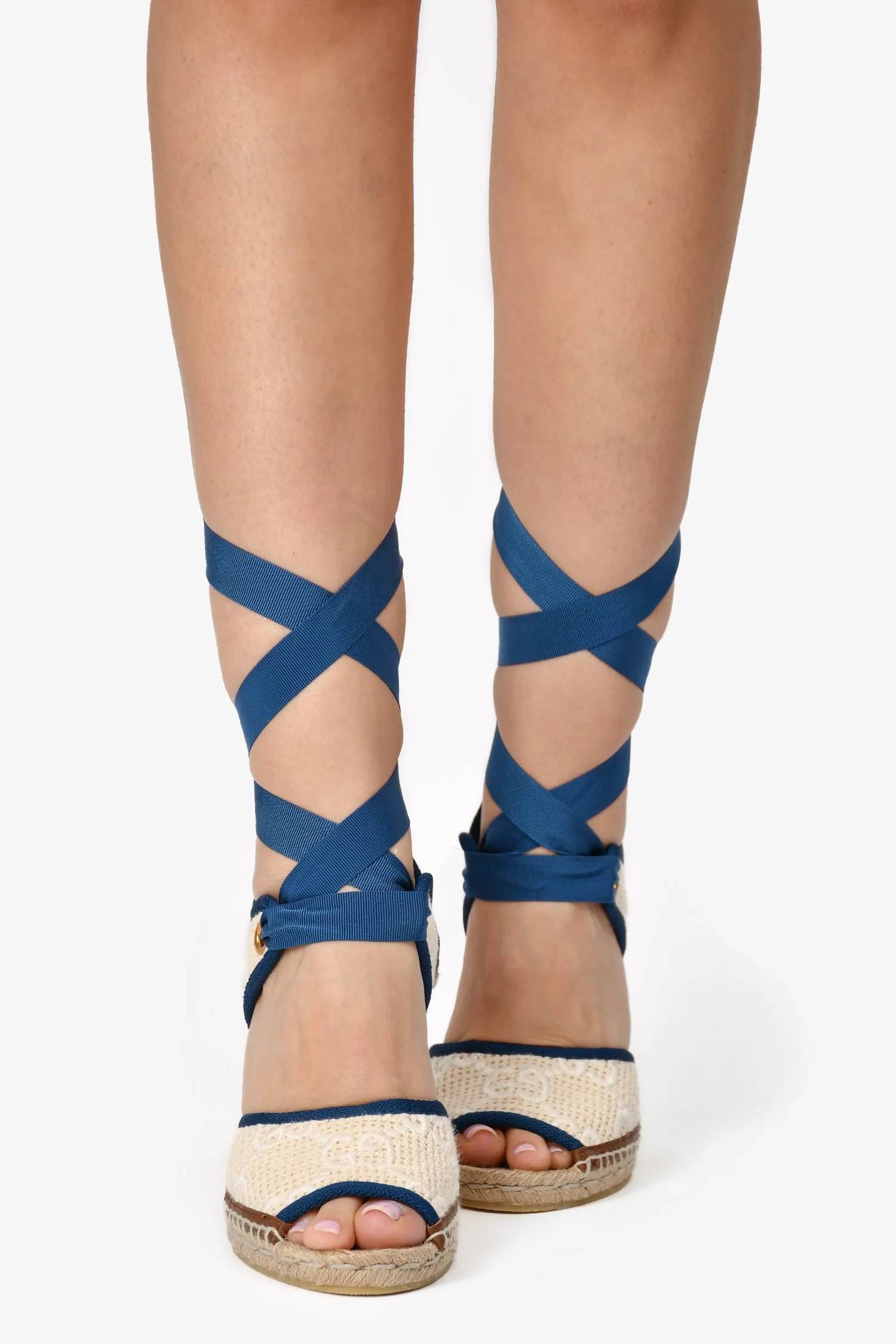 Gucci Cream/Navy Espadrille Wedges 37