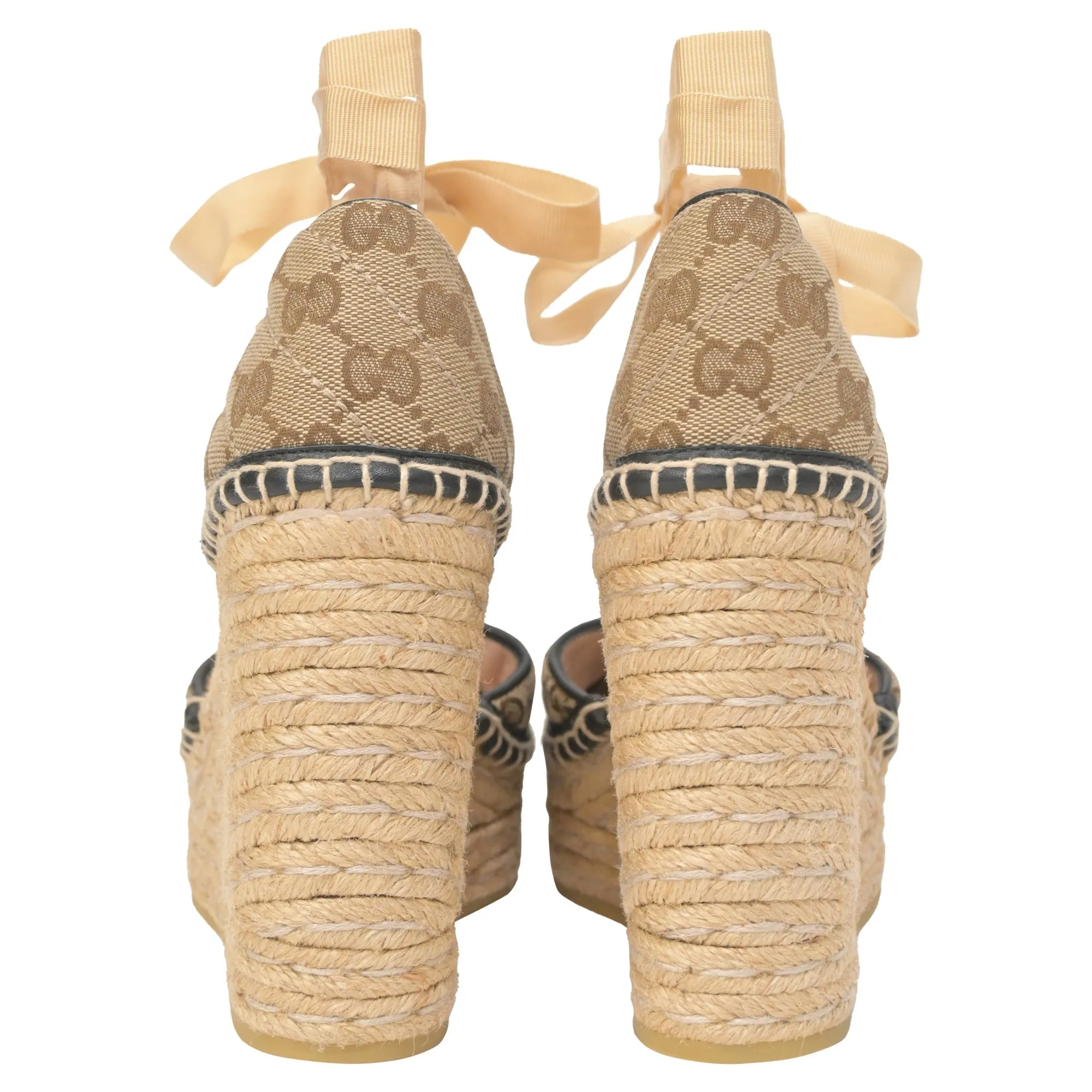Gucci GG Ankle Tie Platform Espadrille Wedges in Beige Canvas