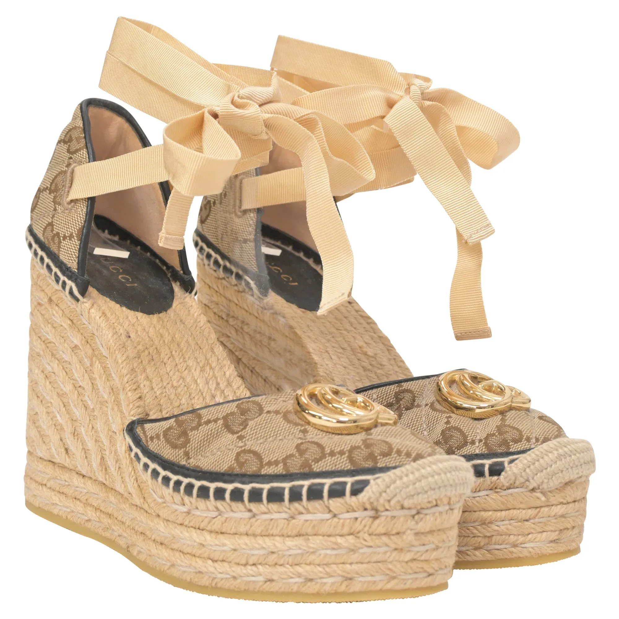Gucci GG Ankle Tie Platform Espadrille Wedges in Beige Canvas