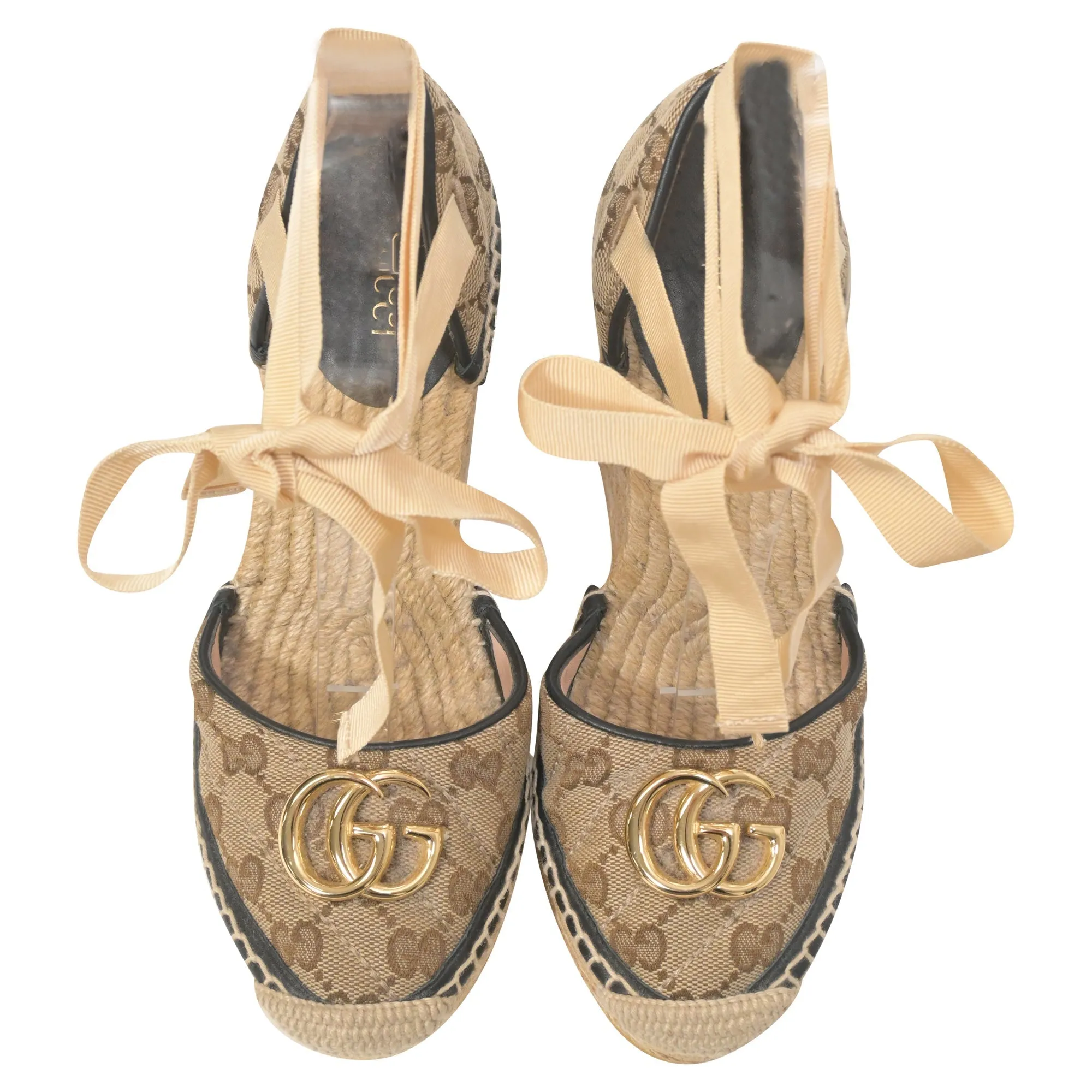 Gucci GG Ankle Tie Platform Espadrille Wedges in Beige Canvas
