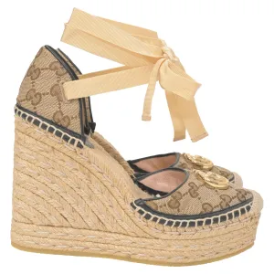 Gucci GG Ankle Tie Platform Espadrille Wedges in Beige Canvas