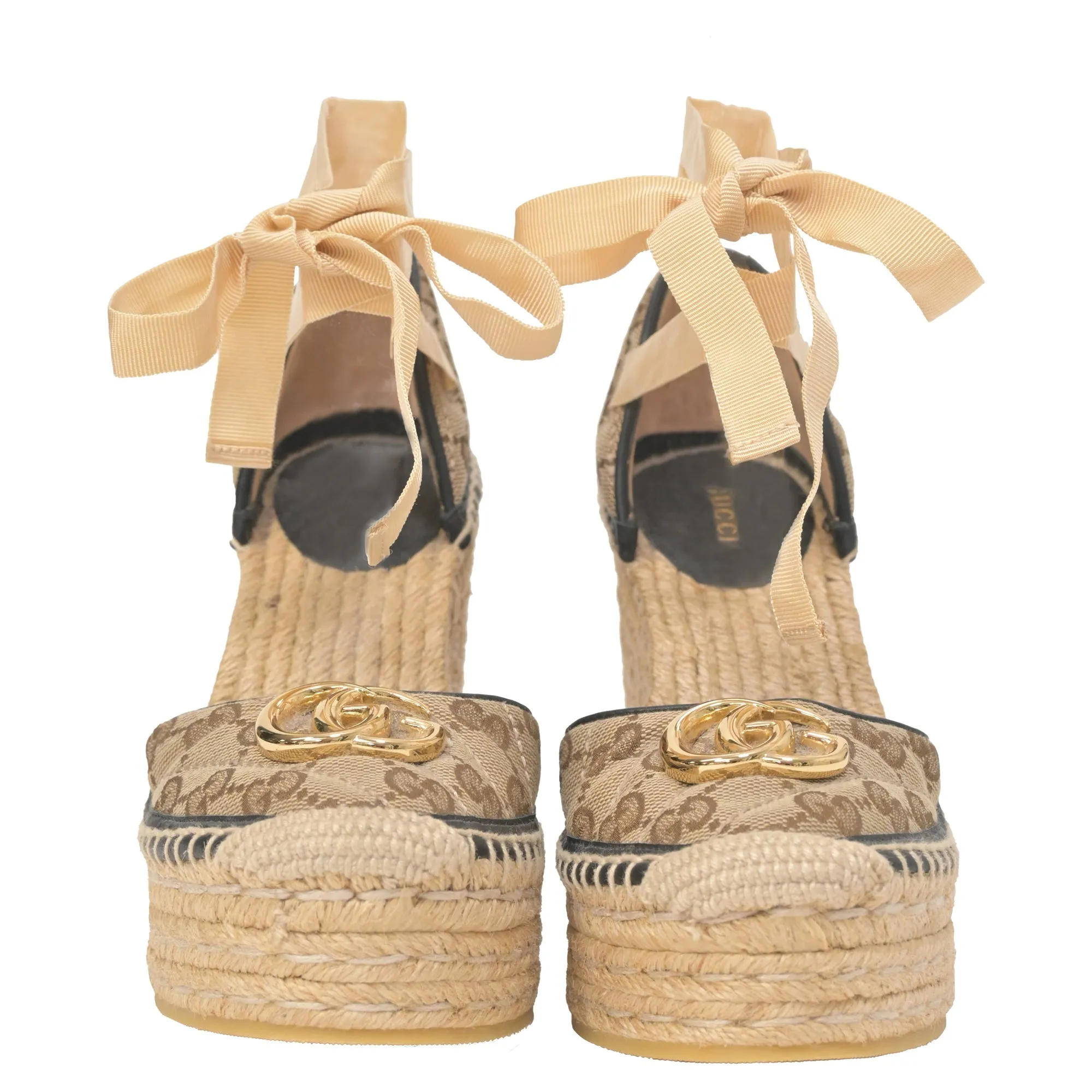 Gucci GG Ankle Tie Platform Espadrille Wedges in Beige Canvas