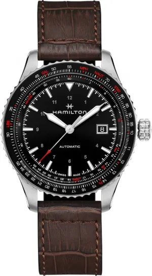 Hamilton Watch Khaki Aviation Converter Swiss Automatic Watch 42mm Case, Black Dial, Brown Leather Strap (Model: H76615530)