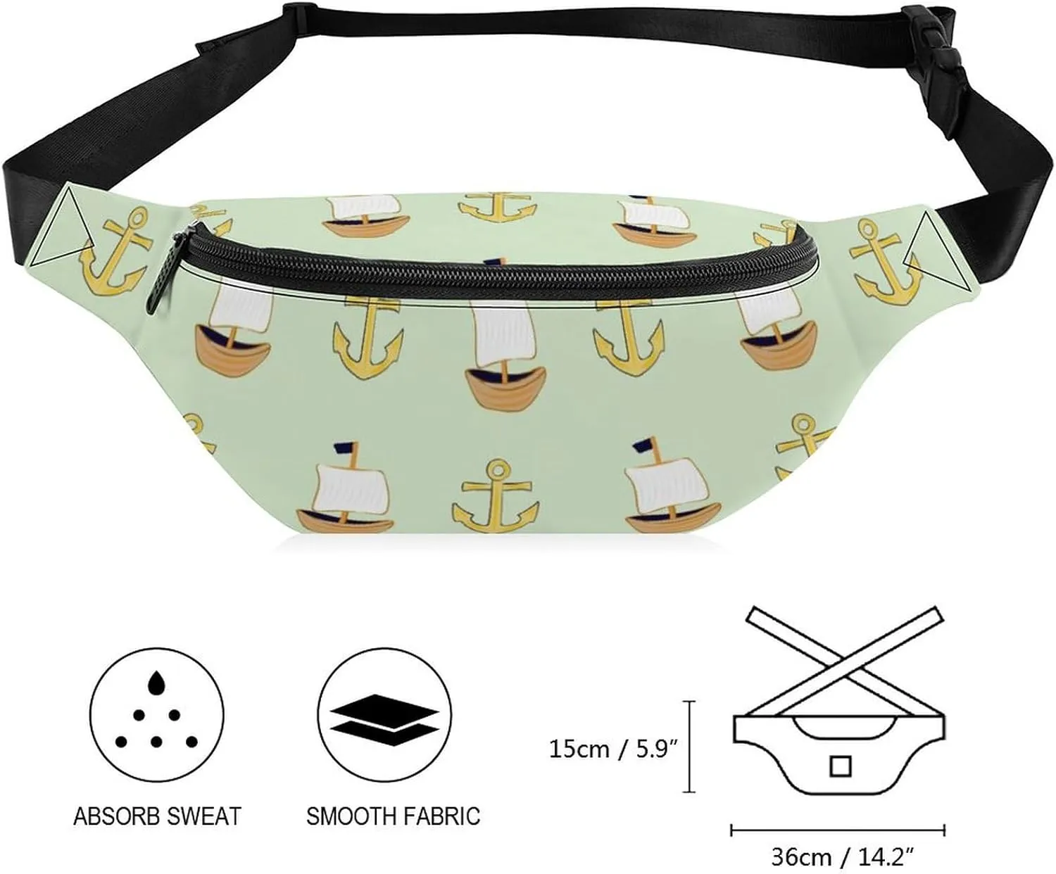 Happy Nautical Large Crossbody Fanny Packfor Women Men Waist Pack for Running with Adjustable Strap for Sports Casual Bag 36 * 15cm