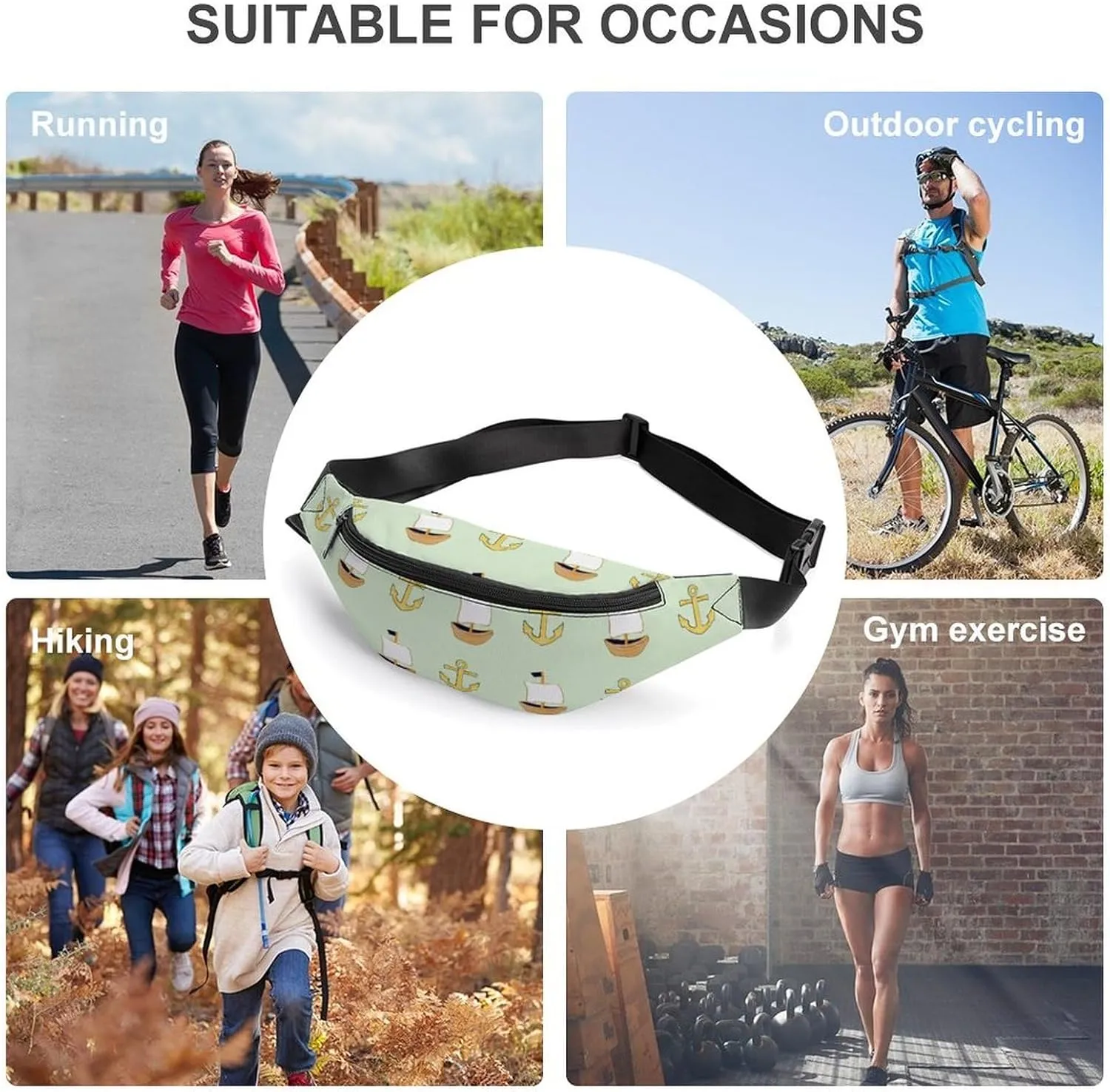 Happy Nautical Large Crossbody Fanny Packfor Women Men Waist Pack for Running with Adjustable Strap for Sports Casual Bag 36 * 15cm