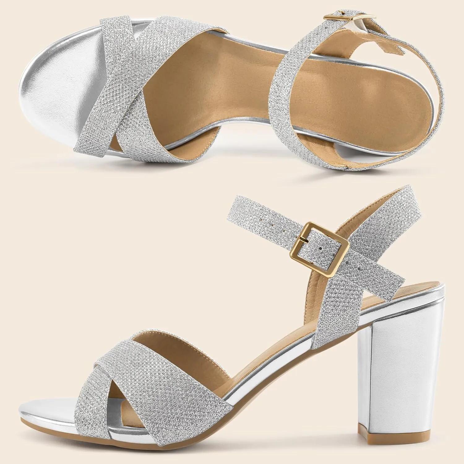 HARENCE Chunky Heels for Women Wedding: Fashion Sparkly Dressy Shoes Open Toe Ankle Strap Heeled Sandal for Prom Party