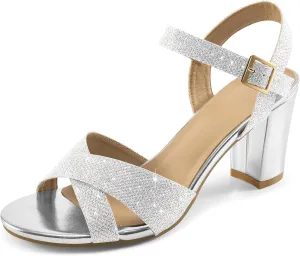 HARENCE Chunky Heels for Women Wedding: Fashion Sparkly Dressy Shoes Open Toe Ankle Strap Heeled Sandal for Prom Party