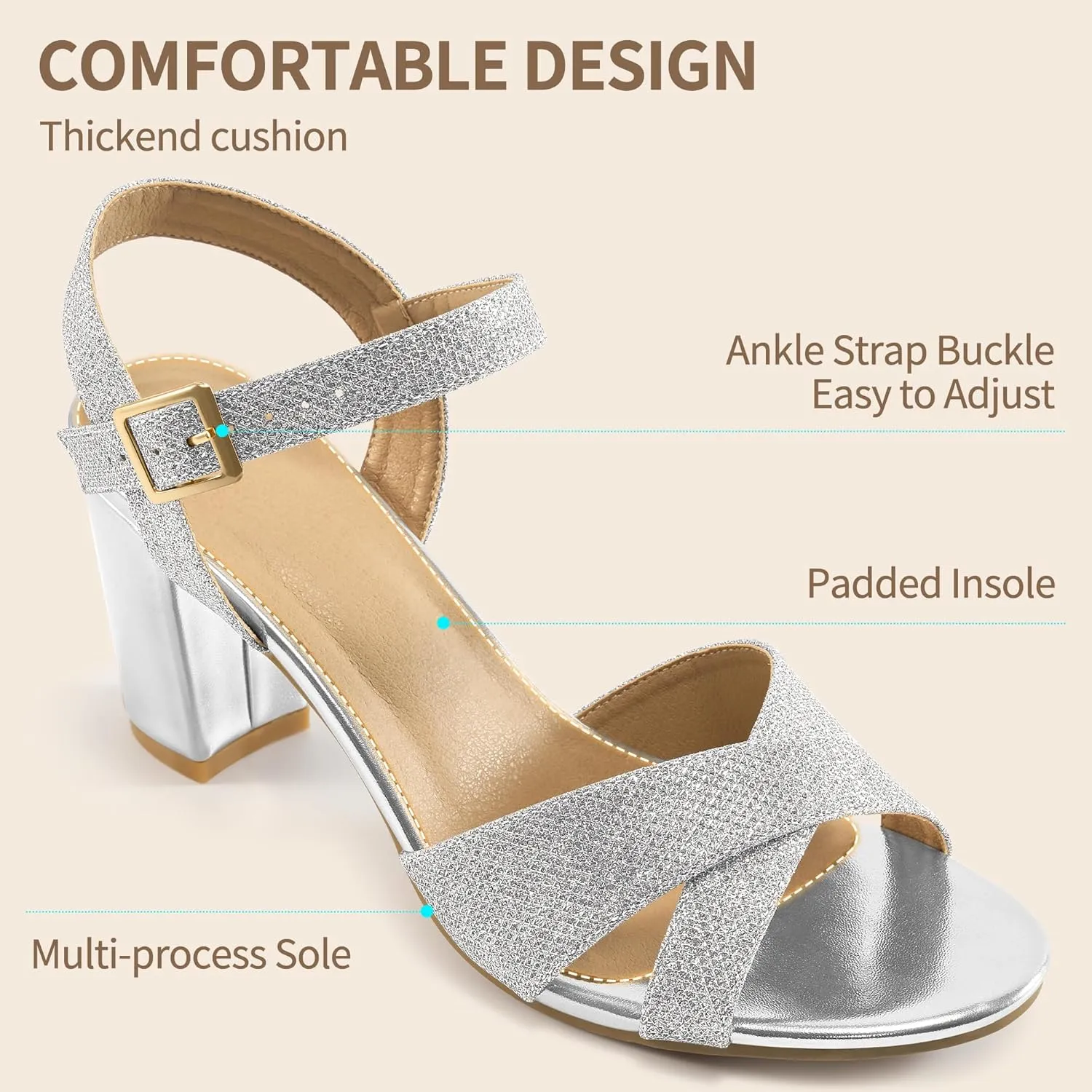 HARENCE Chunky Heels for Women Wedding: Fashion Sparkly Dressy Shoes Open Toe Ankle Strap Heeled Sandal for Prom Party