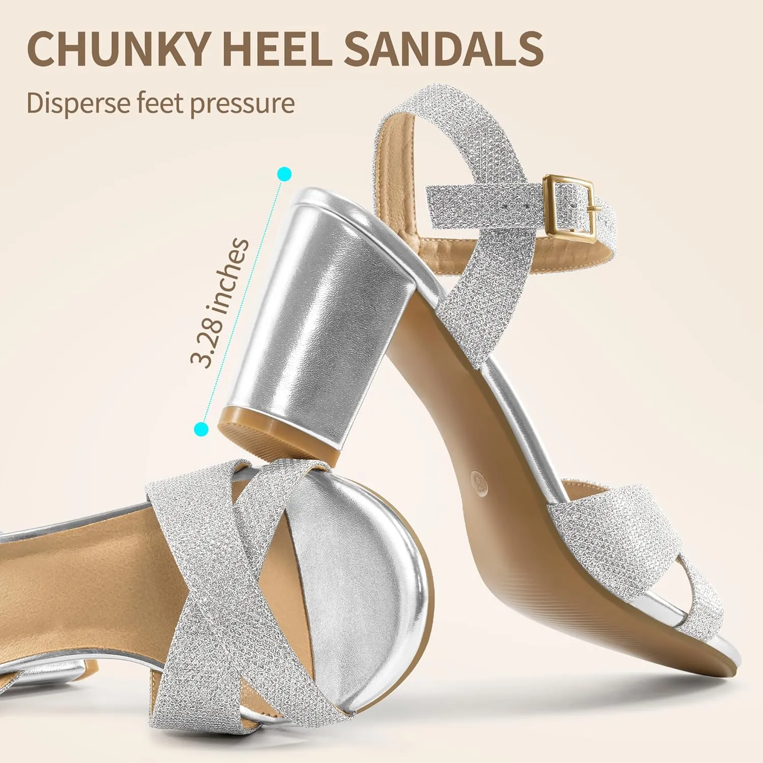 HARENCE Chunky Heels for Women Wedding: Fashion Sparkly Dressy Shoes Open Toe Ankle Strap Heeled Sandal for Prom Party