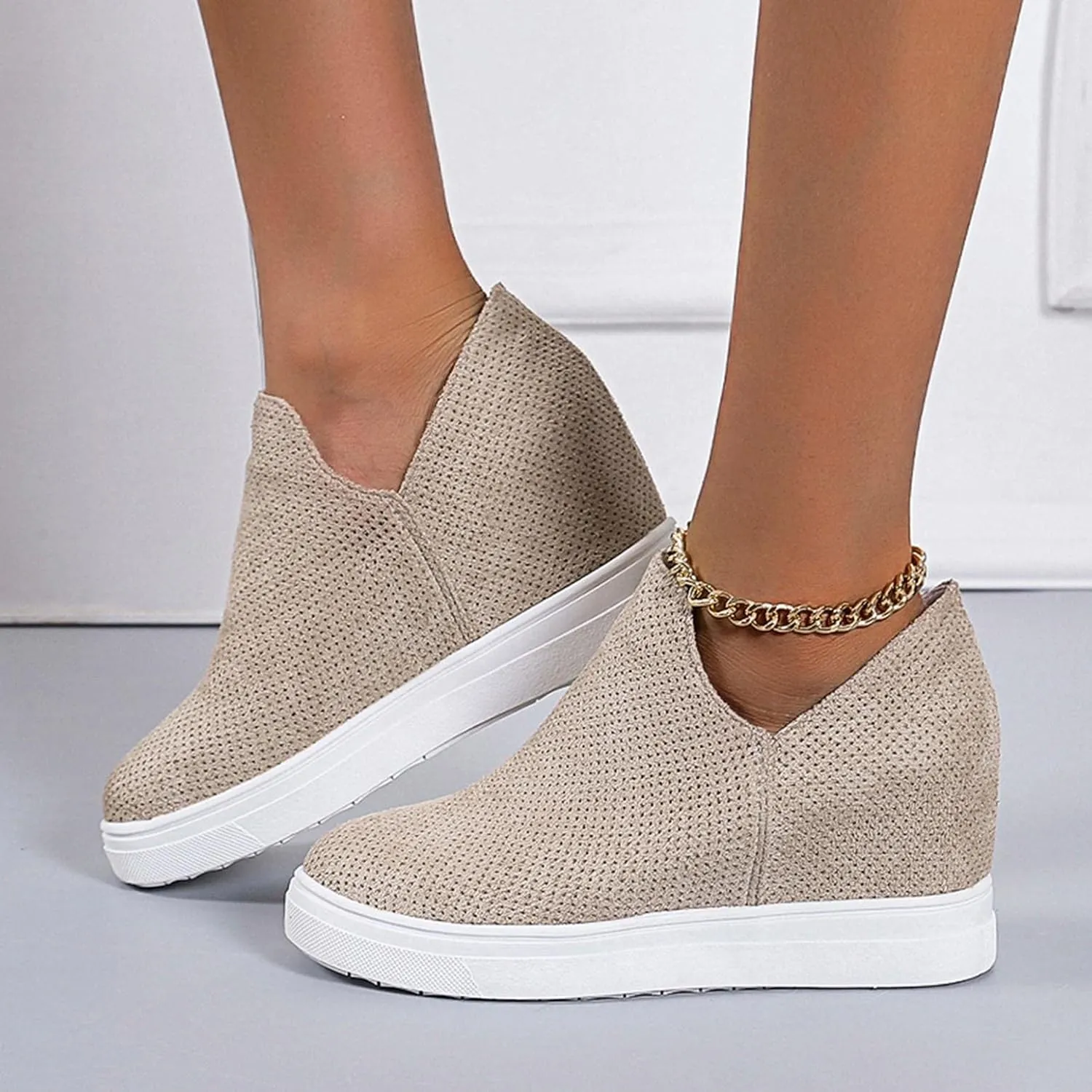Hbeylia Platform Fashion Sneakers For Women Ladies Fashion Casual V Cut Chunky Bottom Flats Slip On Loafers Breathable Anti Skid Thick Mid Heels Low Top Work Nurse Driving Walking Shoes