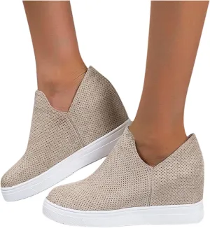 Hbeylia Platform Fashion Sneakers For Women Ladies Fashion Casual V Cut Chunky Bottom Flats Slip On Loafers Breathable Anti Skid Thick Mid Heels Low Top Work Nurse Driving Walking Shoes