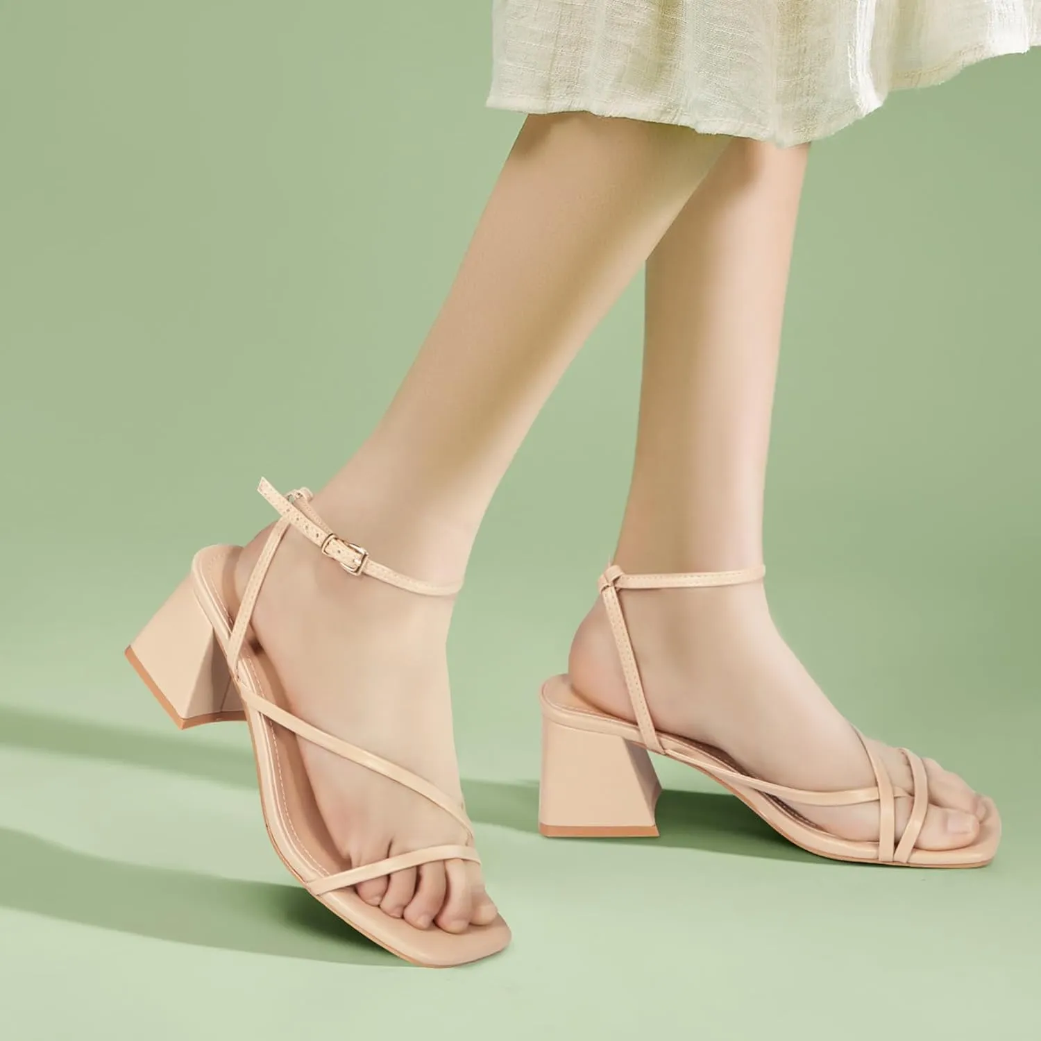 Heels Charm Women's Low Chunky Block Heeled Sandals 2.68 Inches Open Toe Cross Ankle Strap Block High Heel Sandal Dress Dancing Chunky Sandals Daily Work Party Wedding Shoes