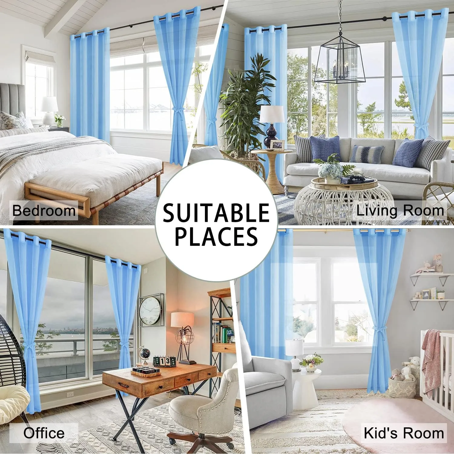Hiasan Sheer Curtains 84 Inches Long with Tiebacks, Light Filtering Semi Transparent Lightweight Voile Grommet Window Curtains for Bedroom, Living Room, Baby Blue, W52 x L84, Set of 2 Drape Panels