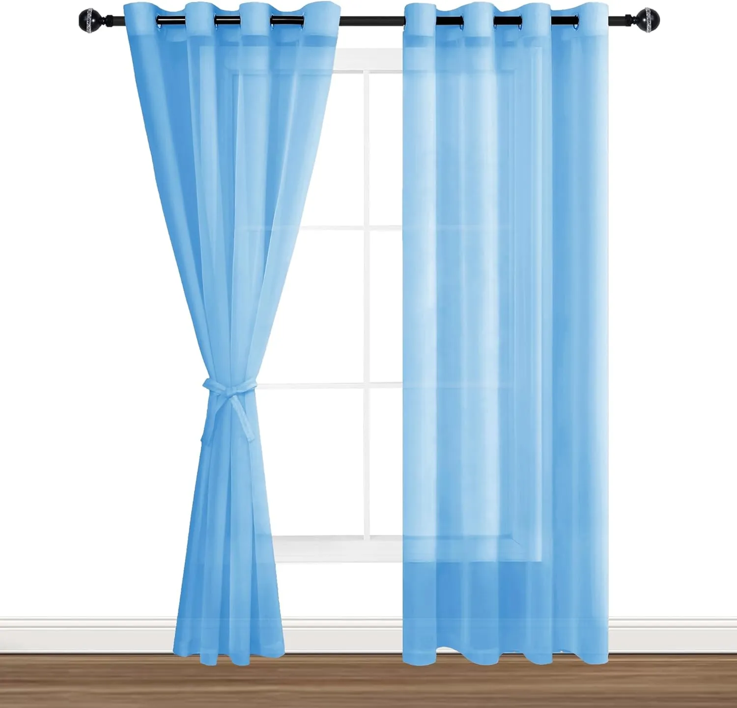 Hiasan Sheer Curtains 84 Inches Long with Tiebacks, Light Filtering Semi Transparent Lightweight Voile Grommet Window Curtains for Bedroom, Living Room, Baby Blue, W52 x L84, Set of 2 Drape Panels