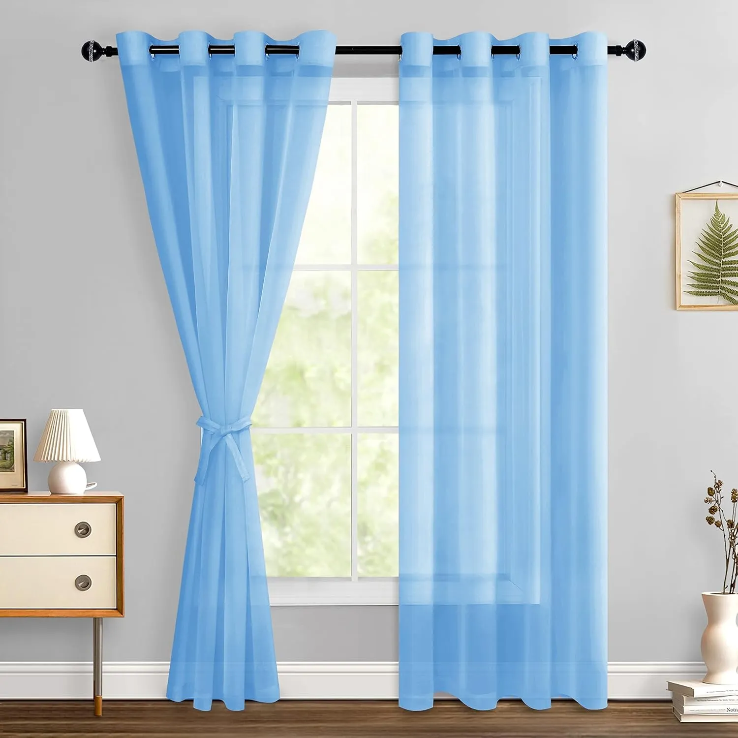Hiasan Sheer Curtains 84 Inches Long with Tiebacks, Light Filtering Semi Transparent Lightweight Voile Grommet Window Curtains for Bedroom, Living Room, Baby Blue, W52 x L84, Set of 2 Drape Panels