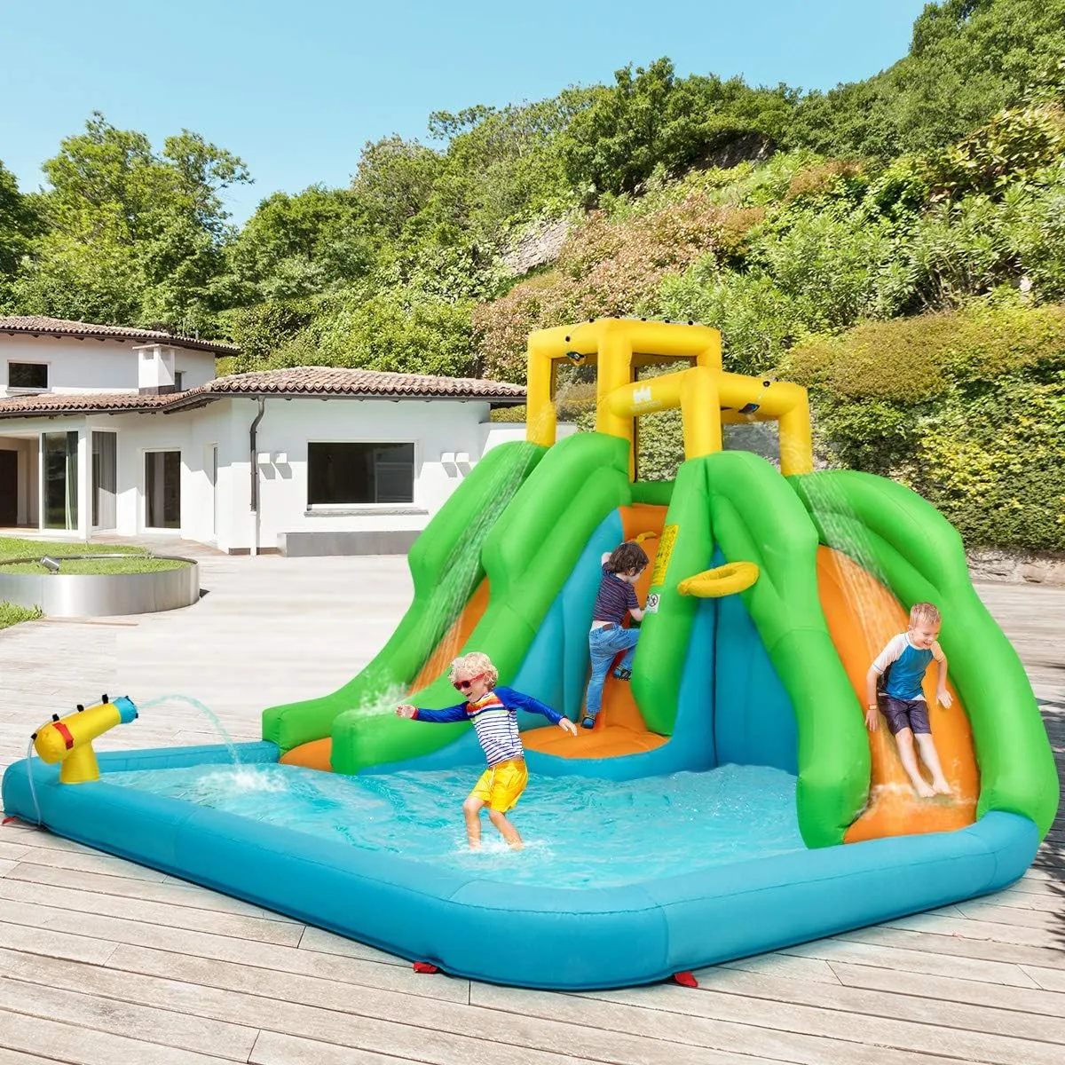 HONEY JOY Inflatable 6 in 1 Kids Bouncer Water Park with Climbing Wall & 2 Long Slides, Splash Pool, Water Cannons, Indoor Outdoor Blow Up Slide