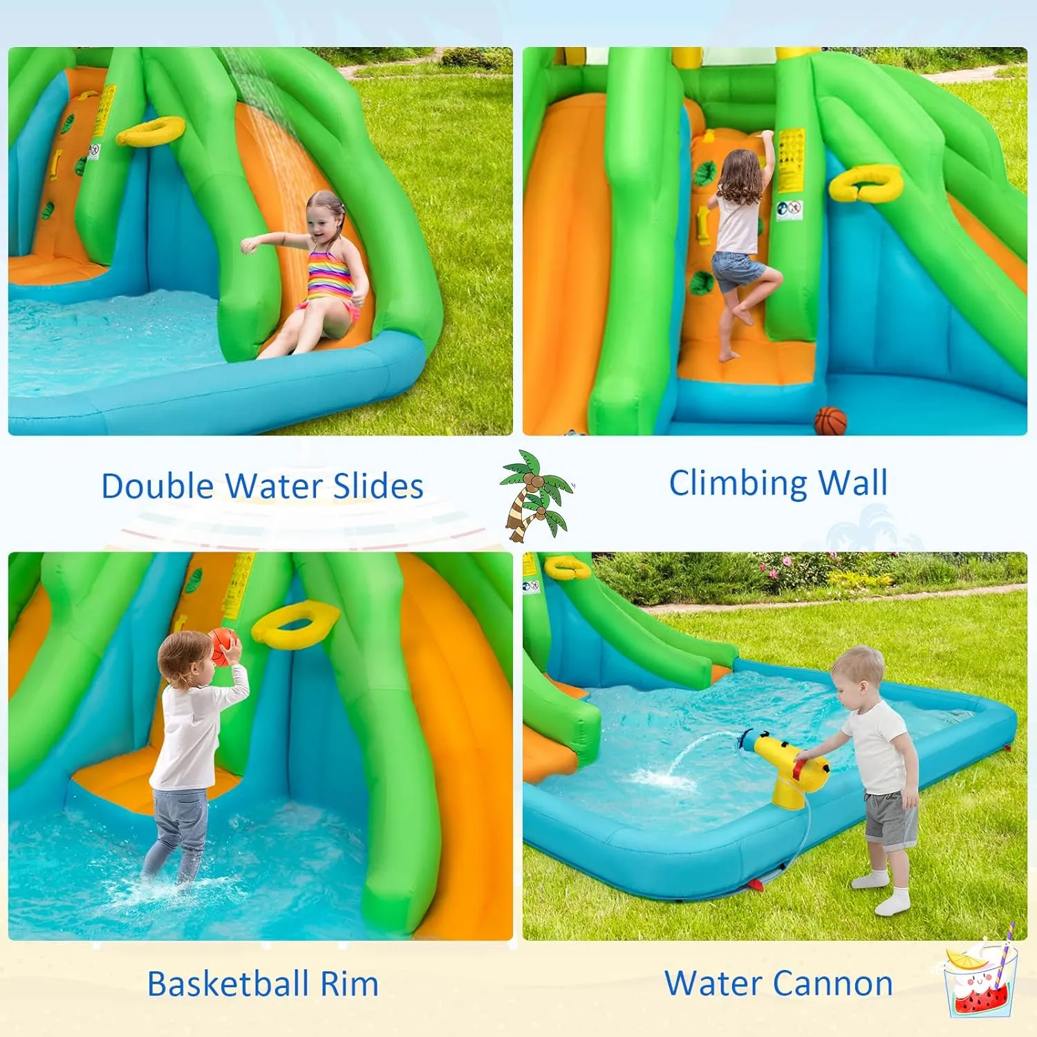 HONEY JOY Inflatable 6 in 1 Kids Bouncer Water Park with Climbing Wall & 2 Long Slides, Splash Pool, Water Cannons, Indoor Outdoor Blow Up Slide