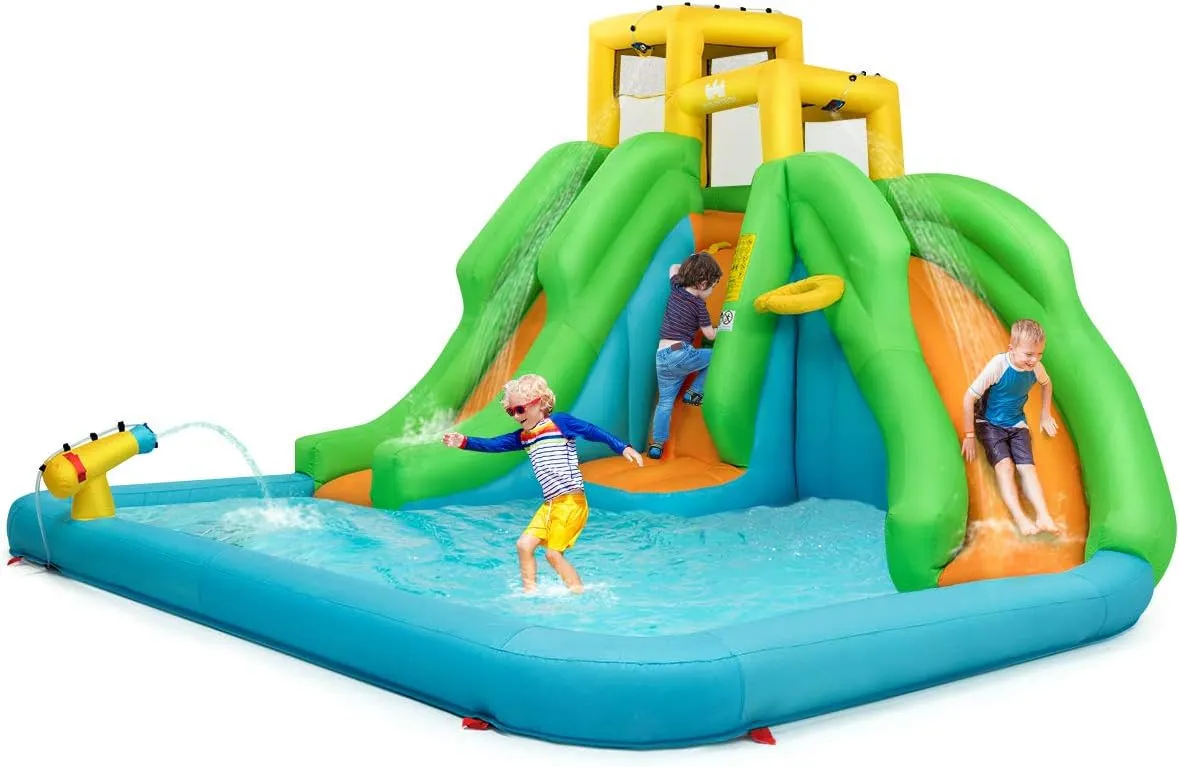 HONEY JOY Inflatable 6 in 1 Kids Bouncer Water Park with Climbing Wall & 2 Long Slides, Splash Pool, Water Cannons, Indoor Outdoor Blow Up Slide