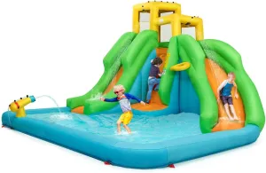 HONEY JOY Inflatable 6 in 1 Kids Bouncer Water Park with Climbing Wall & 2 Long Slides, Splash Pool, Water Cannons, Indoor Outdoor Blow Up Slide
