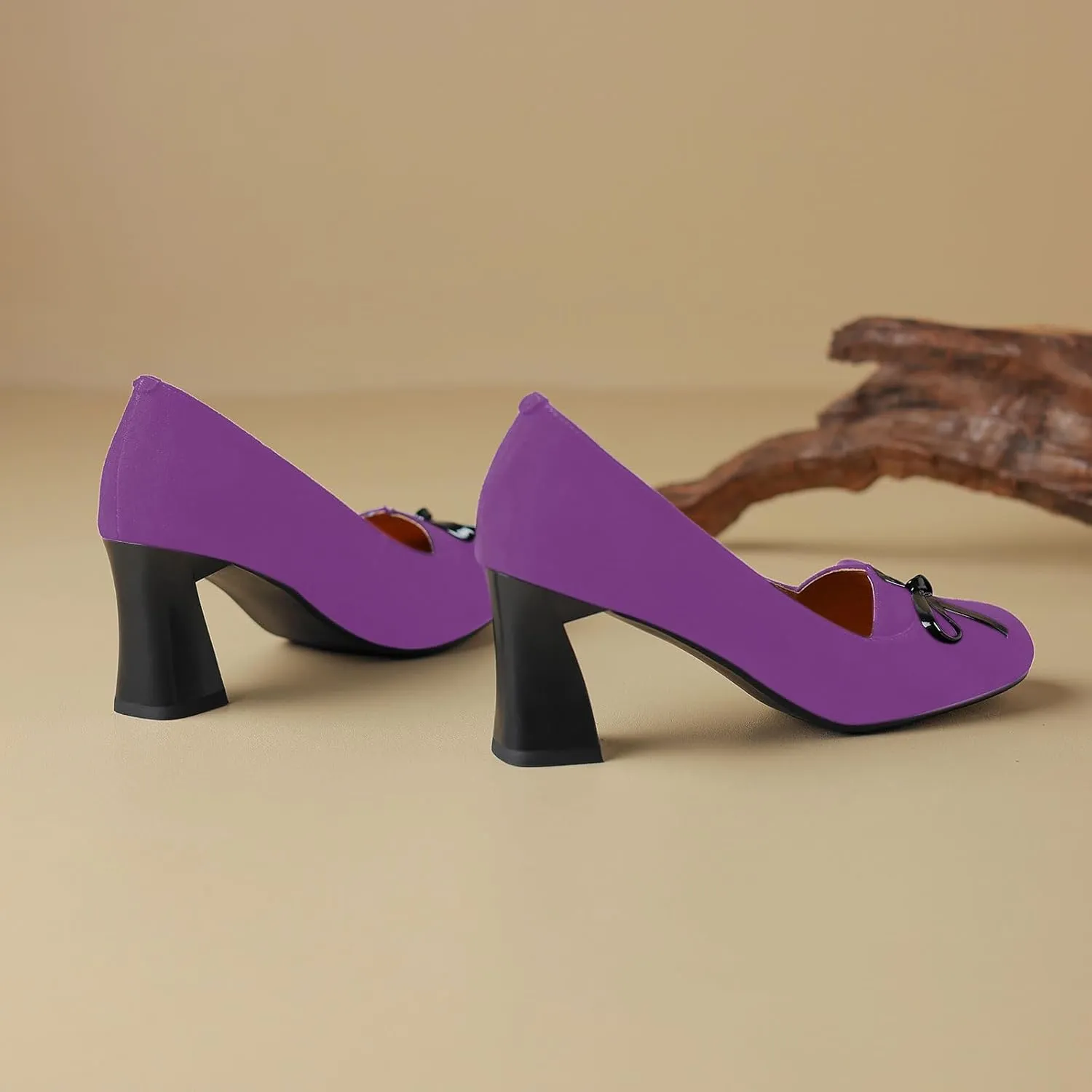 iadore Women Fashion High Chunky Heel Shoes Retro Suede Bowknot Slip on Round Toe Comfortable Dress Pumps Size 5-12 US