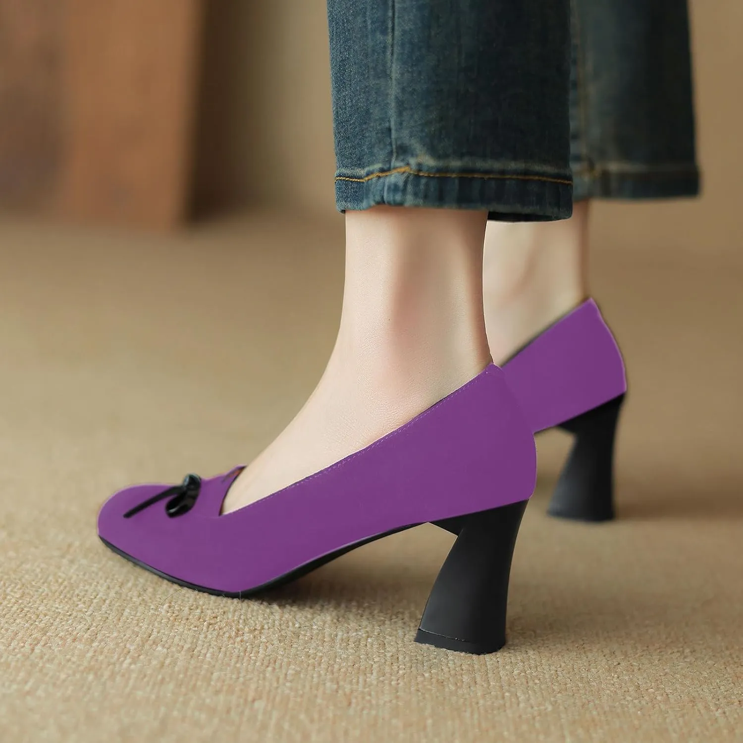 iadore Women Fashion High Chunky Heel Shoes Retro Suede Bowknot Slip on Round Toe Comfortable Dress Pumps Size 5-12 US