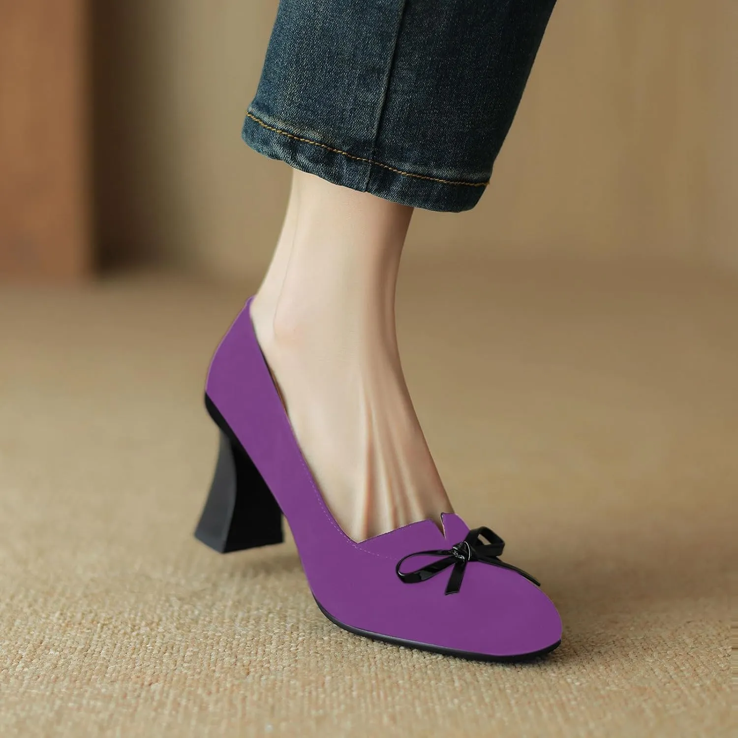 iadore Women Fashion High Chunky Heel Shoes Retro Suede Bowknot Slip on Round Toe Comfortable Dress Pumps Size 5-12 US