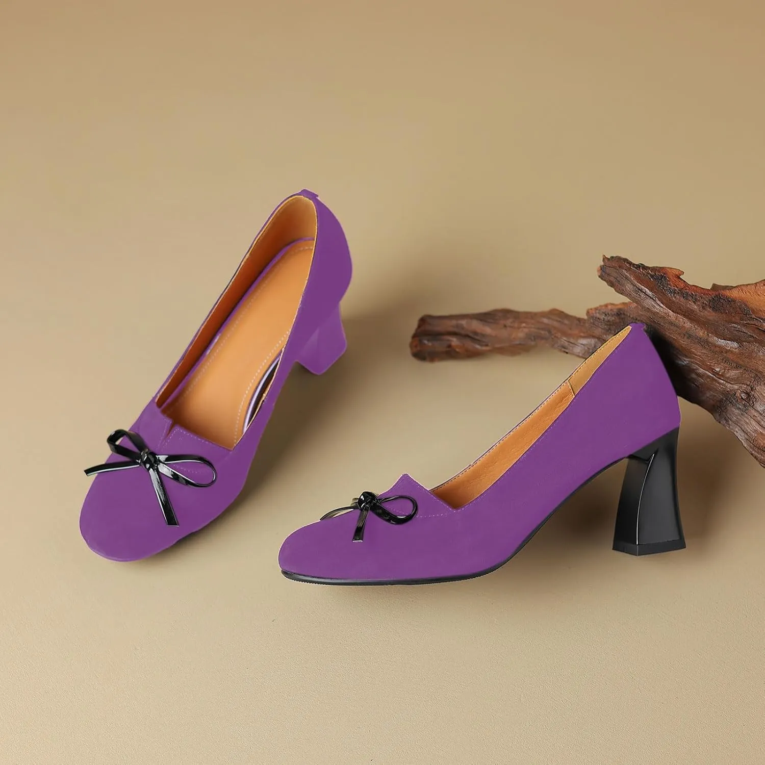iadore Women Fashion High Chunky Heel Shoes Retro Suede Bowknot Slip on Round Toe Comfortable Dress Pumps Size 5-12 US