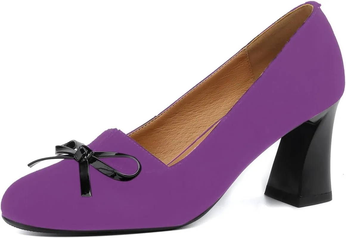 iadore Women Fashion High Chunky Heel Shoes Retro Suede Bowknot Slip on Round Toe Comfortable Dress Pumps Size 5-12 US