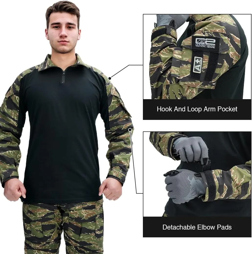IDOGEAR SPORTS G3 Combat Shirts Men’s Tactical Shirt with Elbow Pads 1/4 Zipper Collar Long Sleeves Top Military Clothing