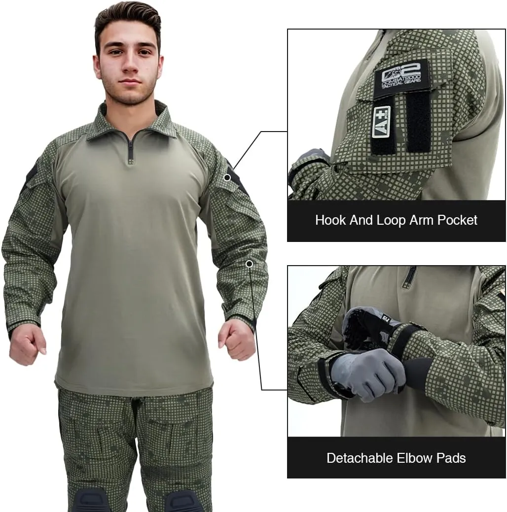 IDOGEAR SPORTS G3 Combat Shirts Men’s Tactical Shirt with Elbow Pads 1/4 Zipper Collar Long Sleeves Top Military Clothing